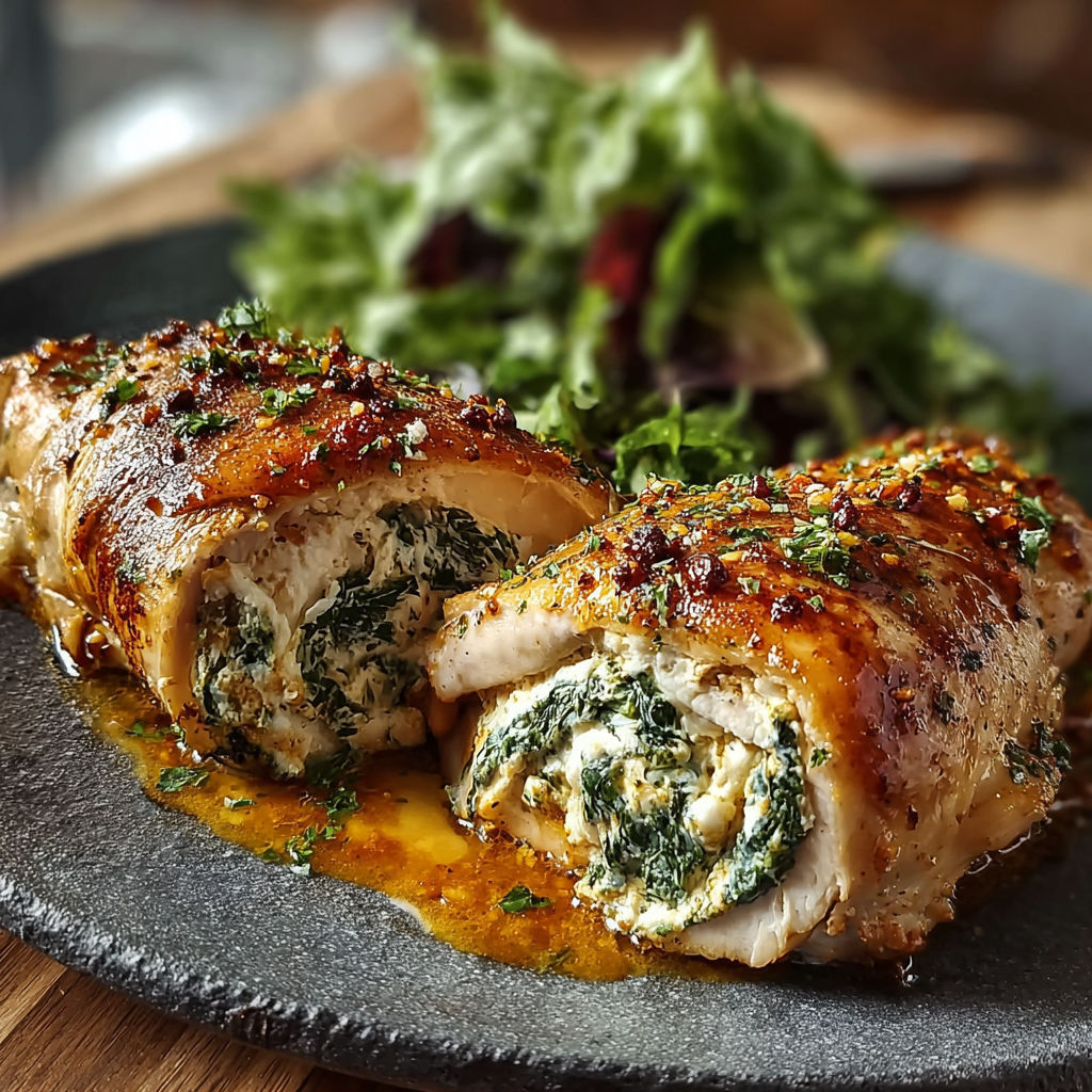 A plate of herbed ricotta stuffed chicken rolls.