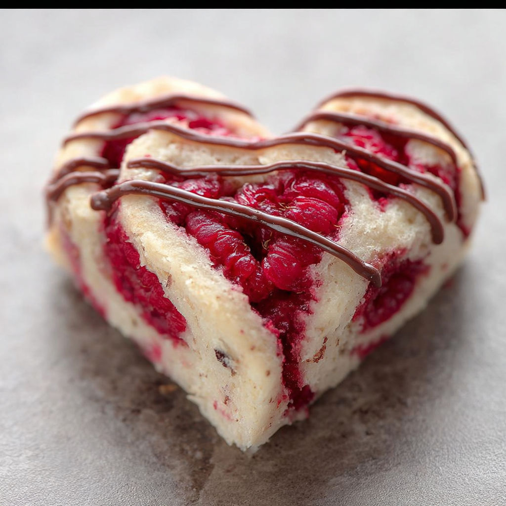 A heart shaped raspberry roll with chocolate drizzled on top.