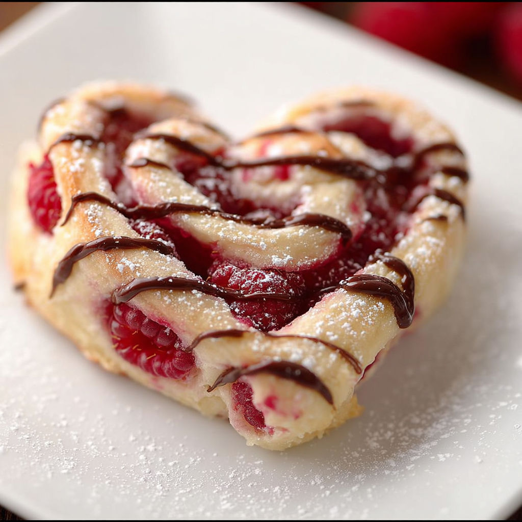 A heart shaped pastry with raspberries and chocolate.