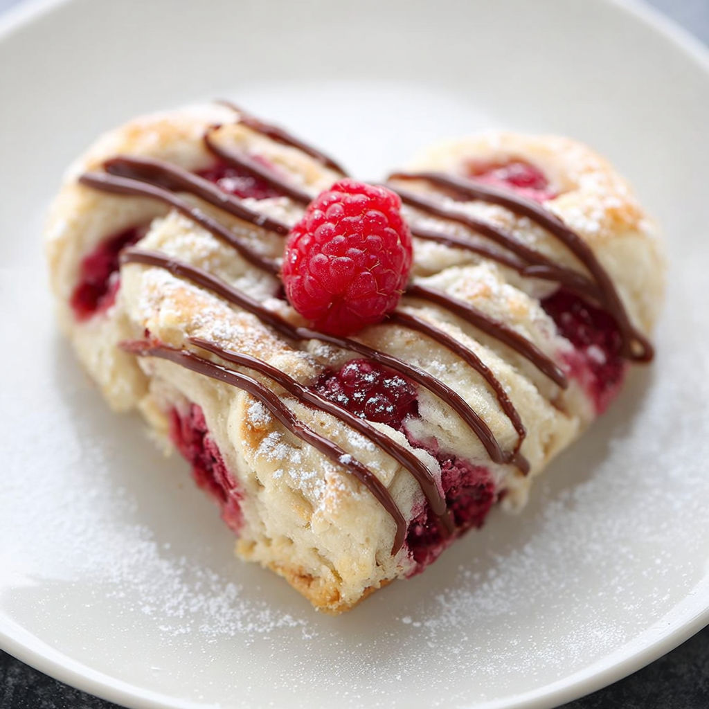 A heart shaped pastry with chocolate drizzle and a raspberry on top.
