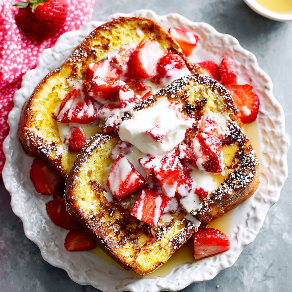 French toast with strawberries and whipped cream.