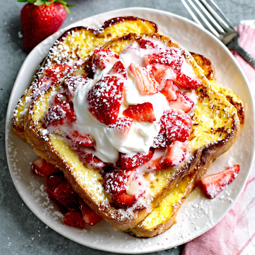 French toast with strawberries and whipped cream.