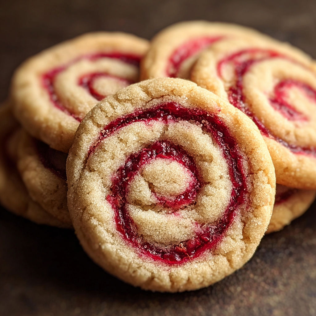 Three Raspberry Swirl Cookies on a table.