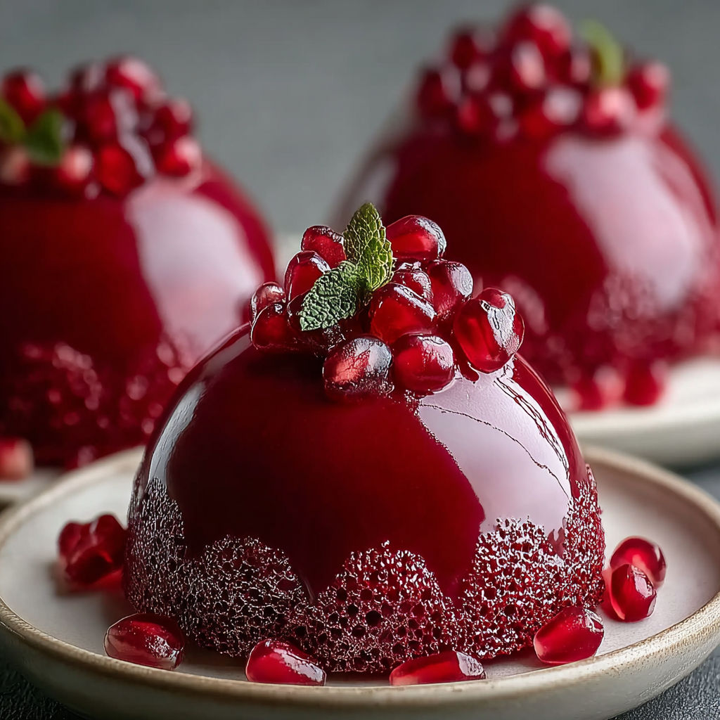Three red mousse domes with pomegranate toppings.