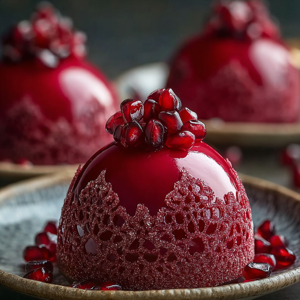 Three red pomegranate mousse domes on a plate.