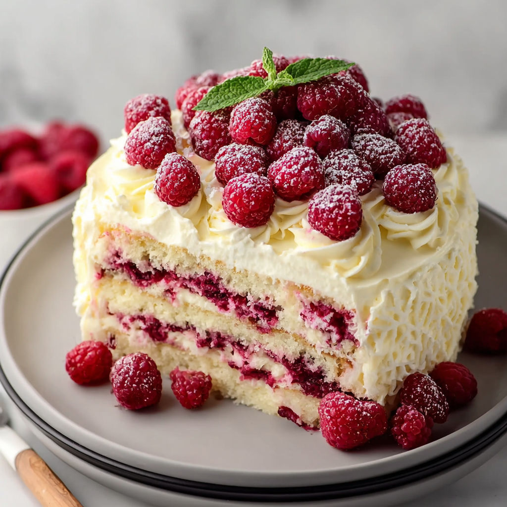 A slice of white chocolate raspberry dream cake.