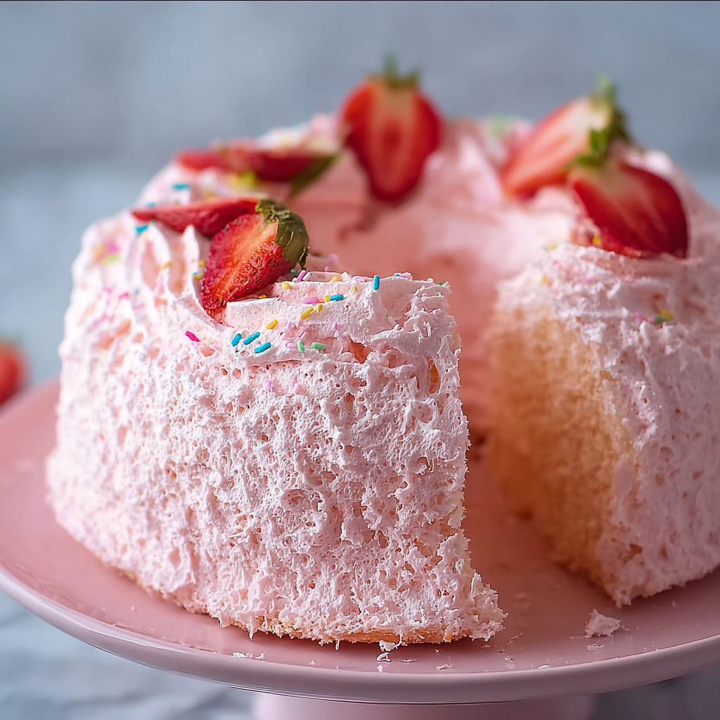 A slice of pink cake with strawberries on top.