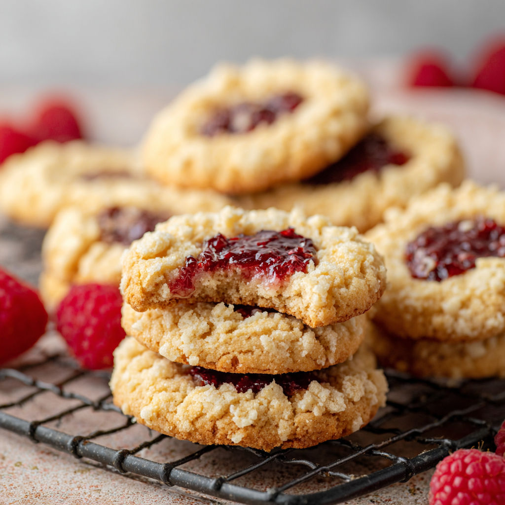 A plate of cookies with a raspberry filling.