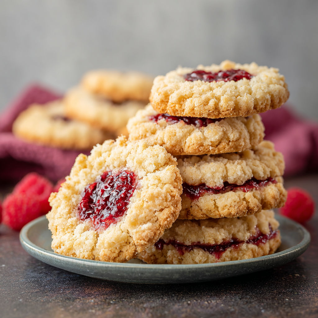 A stack of buttery raspberry crumble cookies with a sweet jam filling.