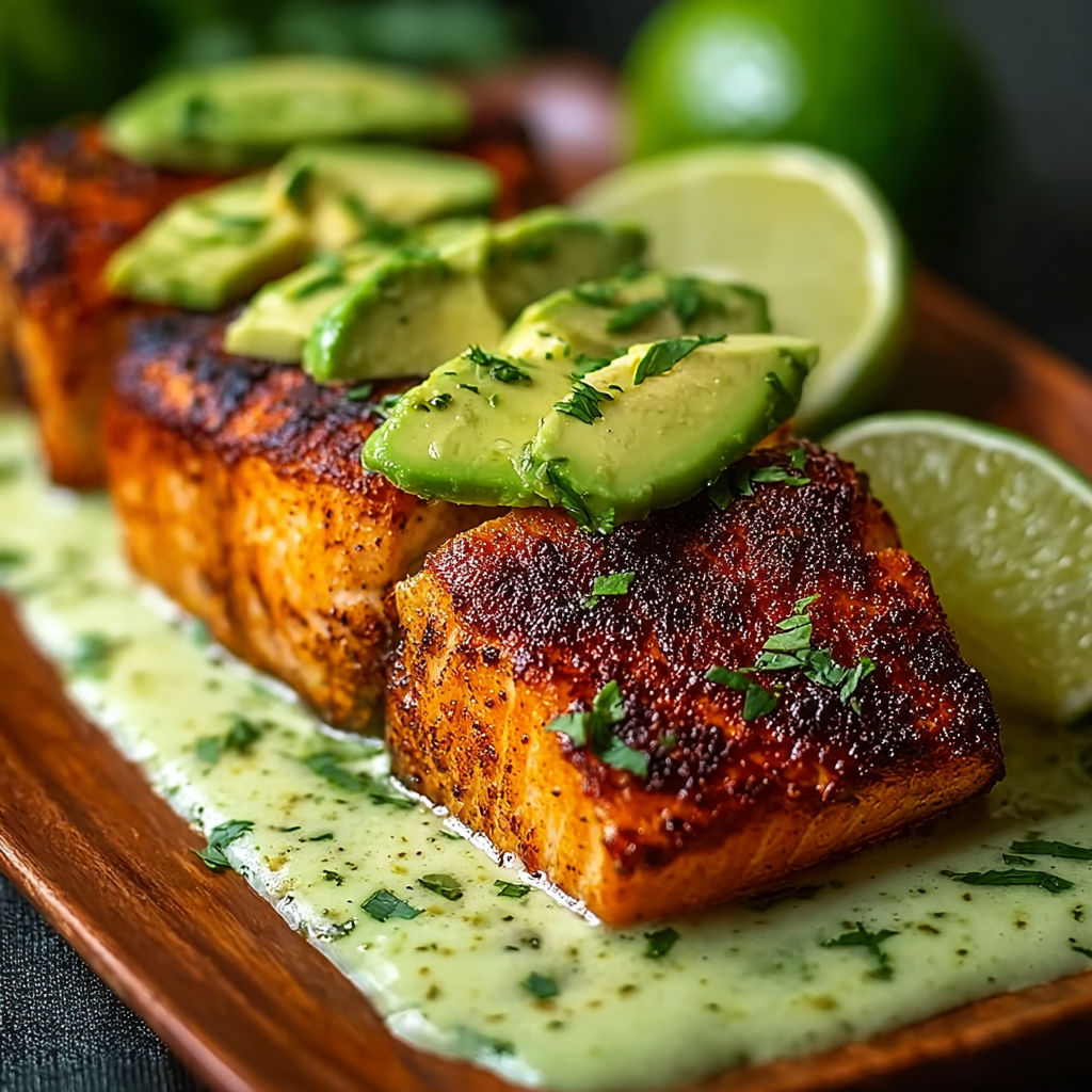 A plate of grilled salmon with avocado and lime.