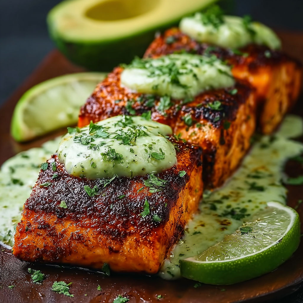 A plate of cooked salmon with avocado and lime.