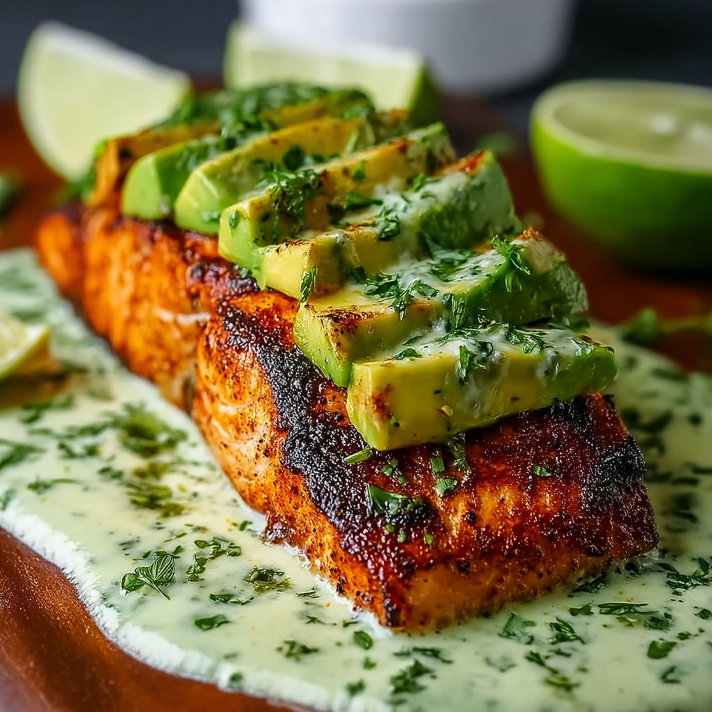A piece of salmon with avocado and lime on top.