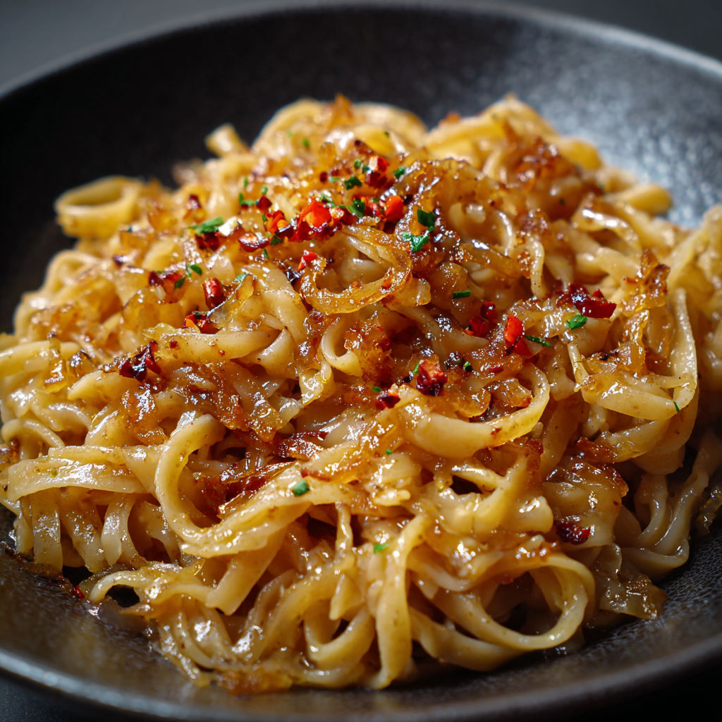 A bowl of noodles with caramelized onions and chili oil.
