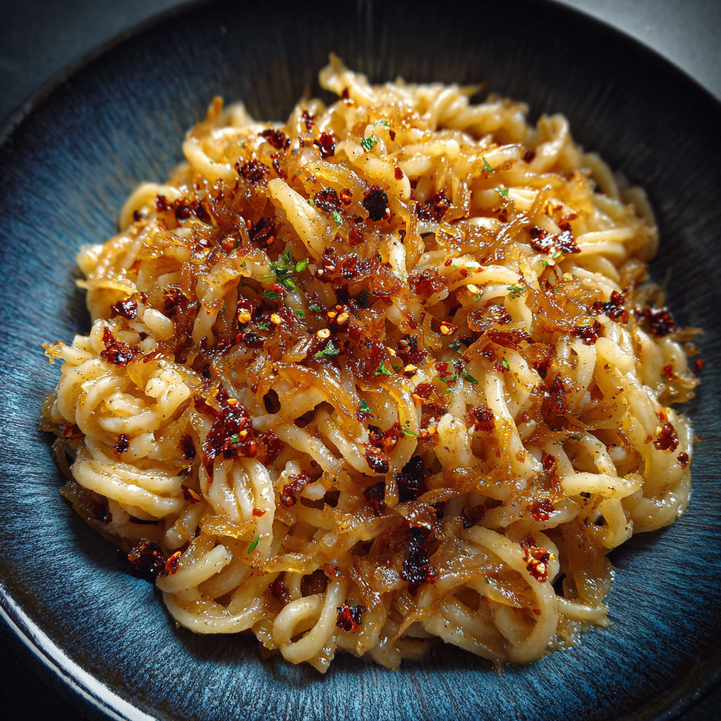 A plate of pasta with chili oil and caramelized onions.