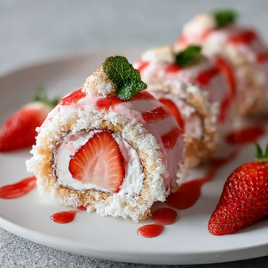 A strawberry shortcake sushi roll on a plate.