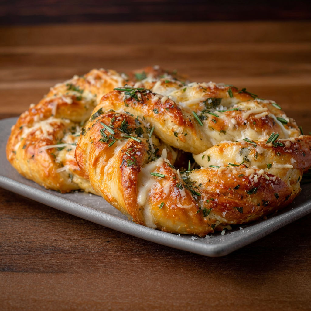 A plate of mozzarella stuffed rosemary parmesan soft pretzels.