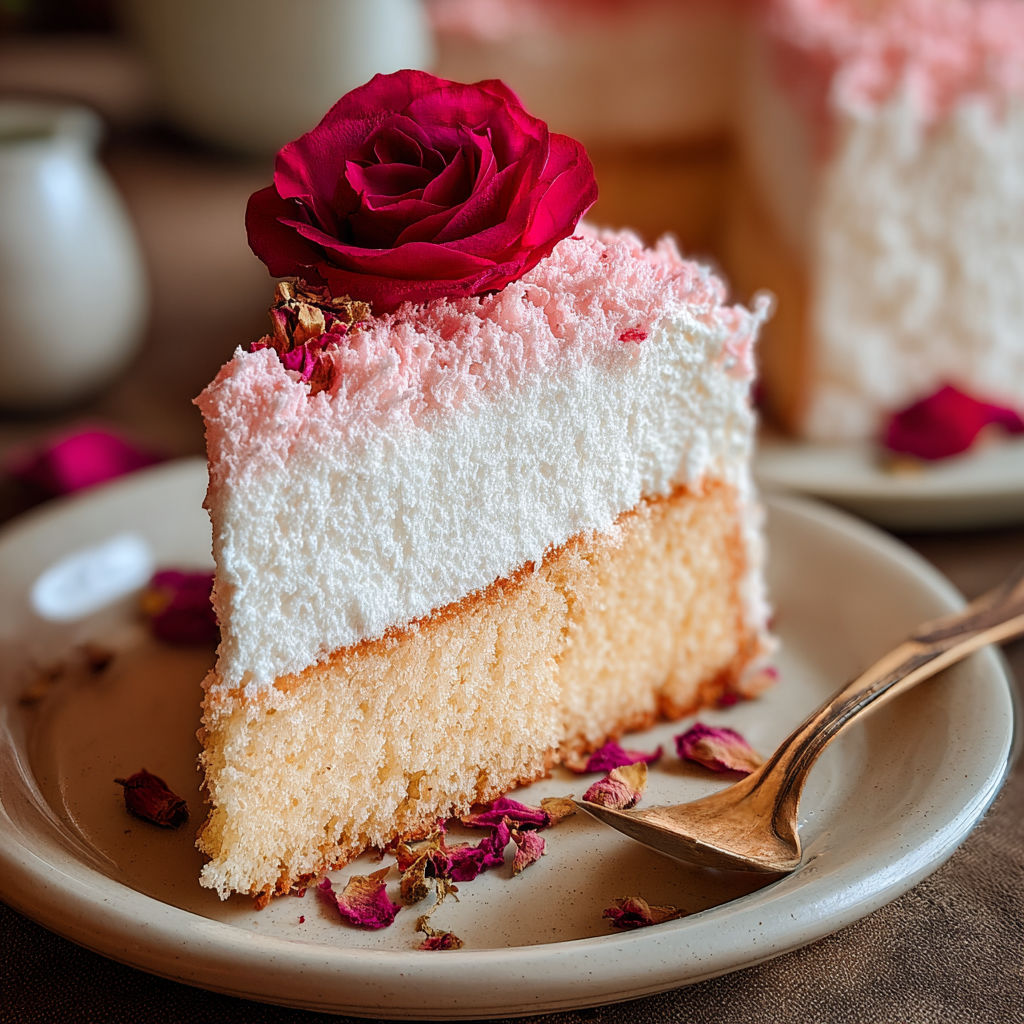 A slice of pink and white cake with a rose on top.