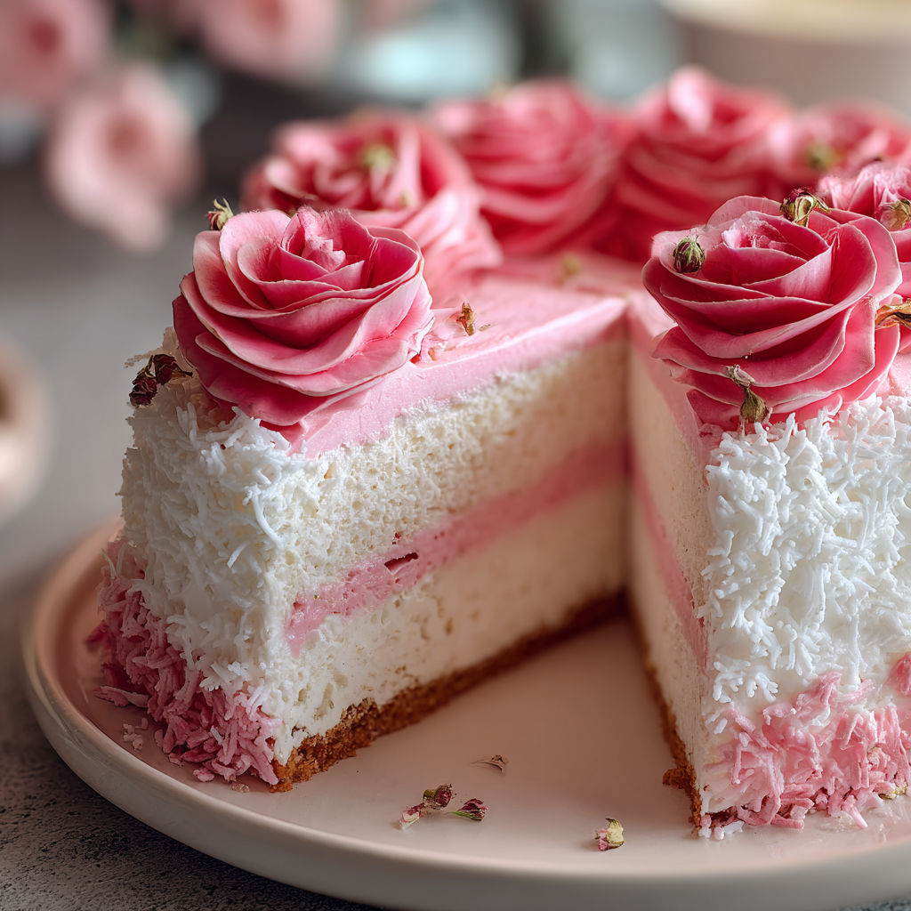 A slice of pink cake with a rose on top.