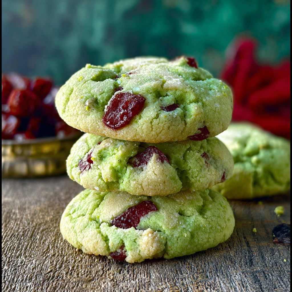 Three stacked cookies with cherries and pistachios.
