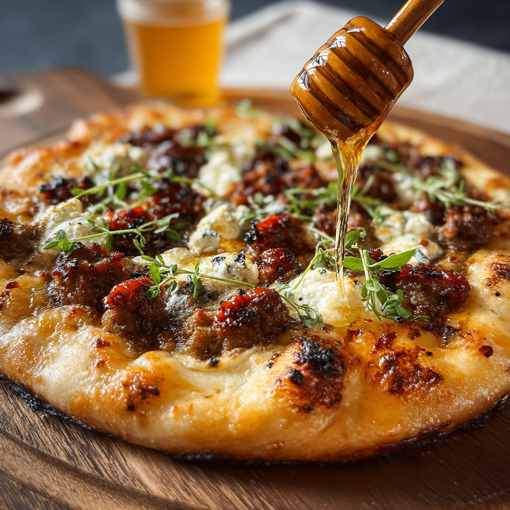 A pizza with sausage and ricotta cheese is being drizzled with honey.