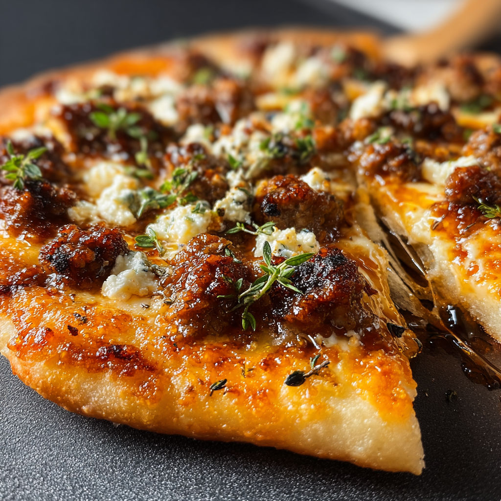 A slice of pizza with sausage and ricotta cheese.