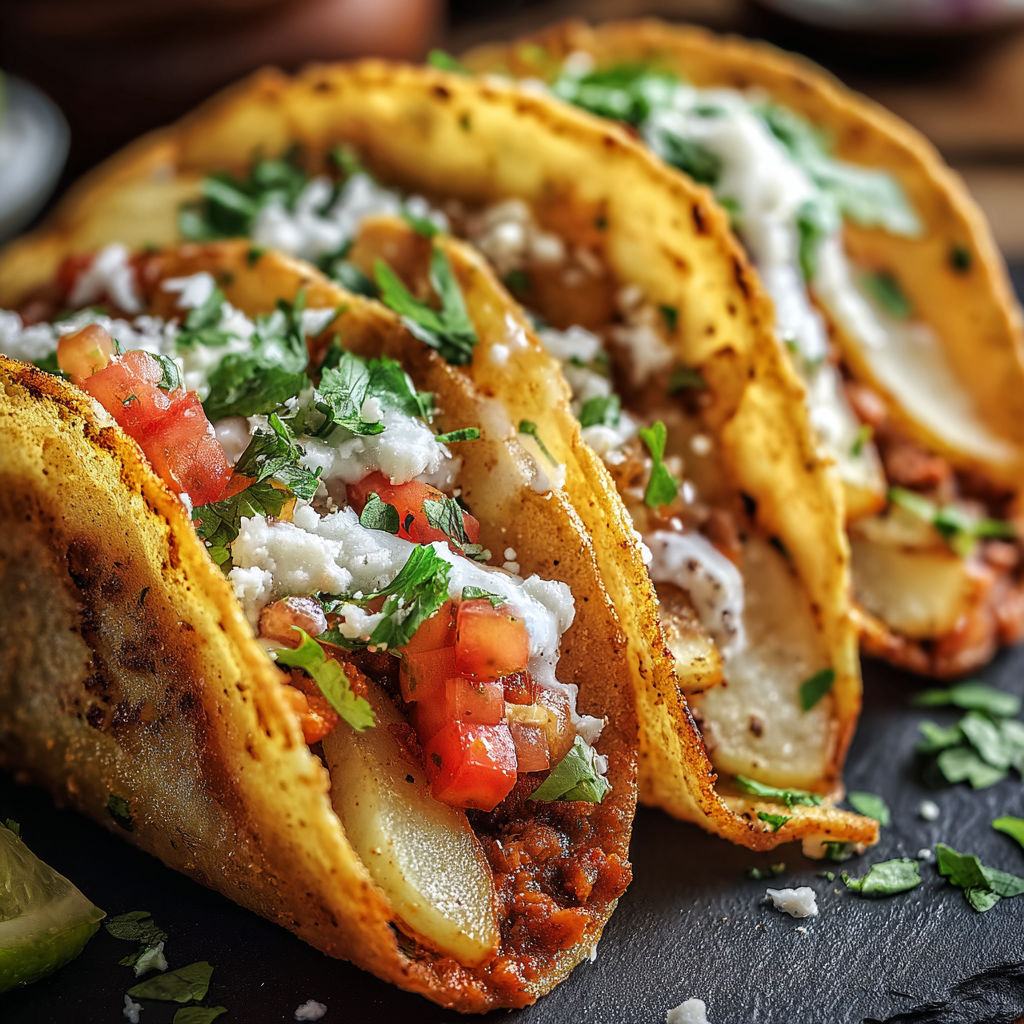 Three tacos with tomatoes and cheese.