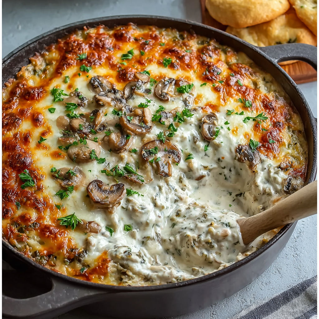 A pot of food with mushrooms and cheese.