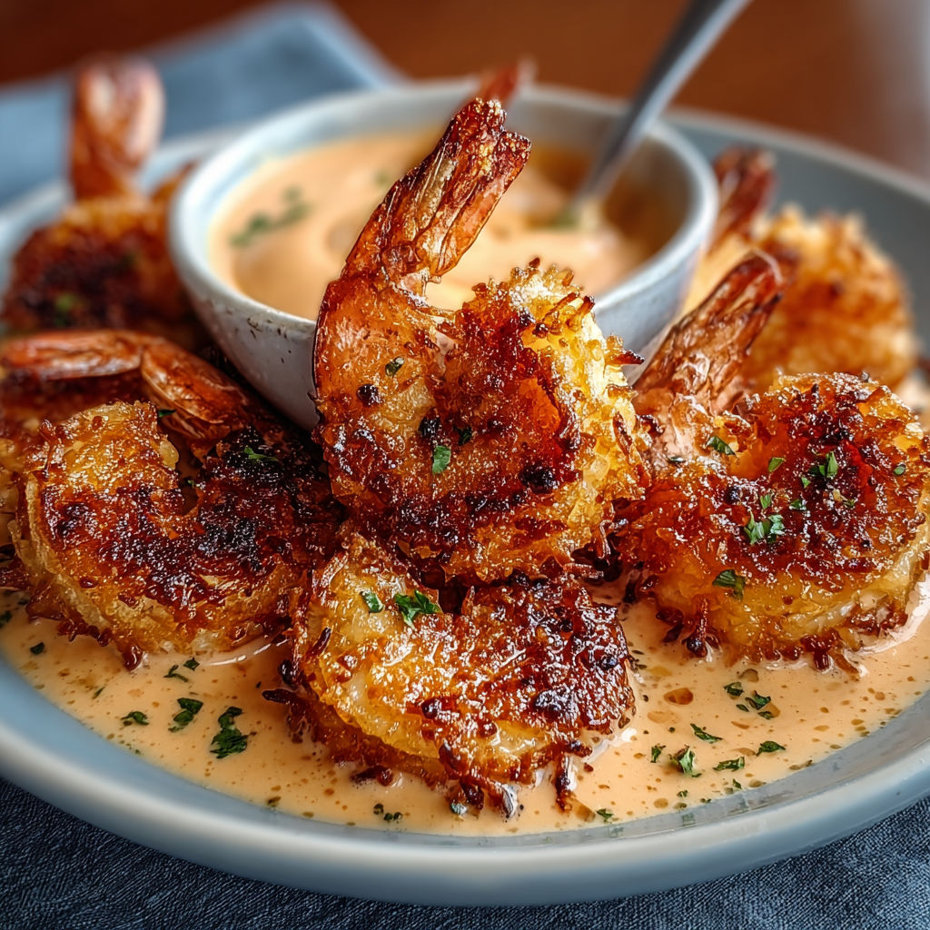 A plate of baked coconut shrimp with sweet chili mayo.