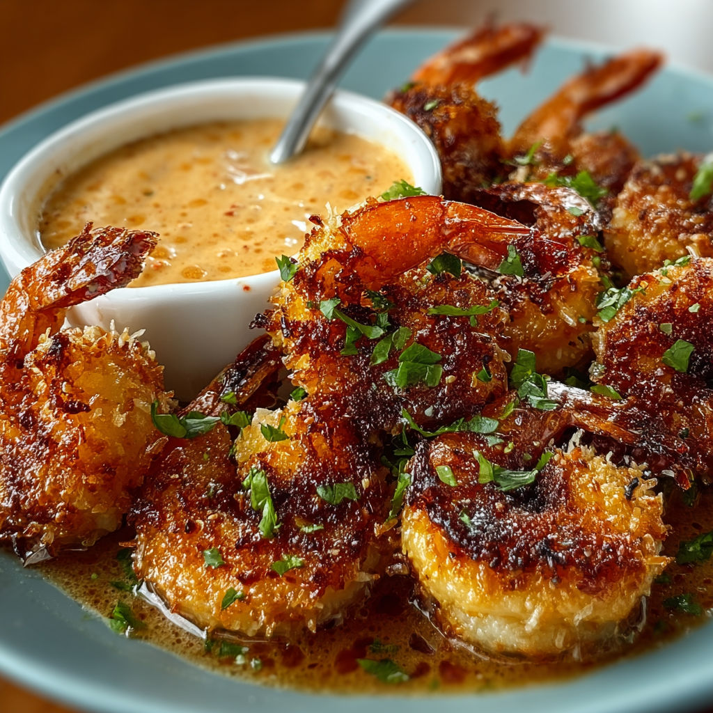 A plate of baked coconut shrimp with sweet chili mayo.