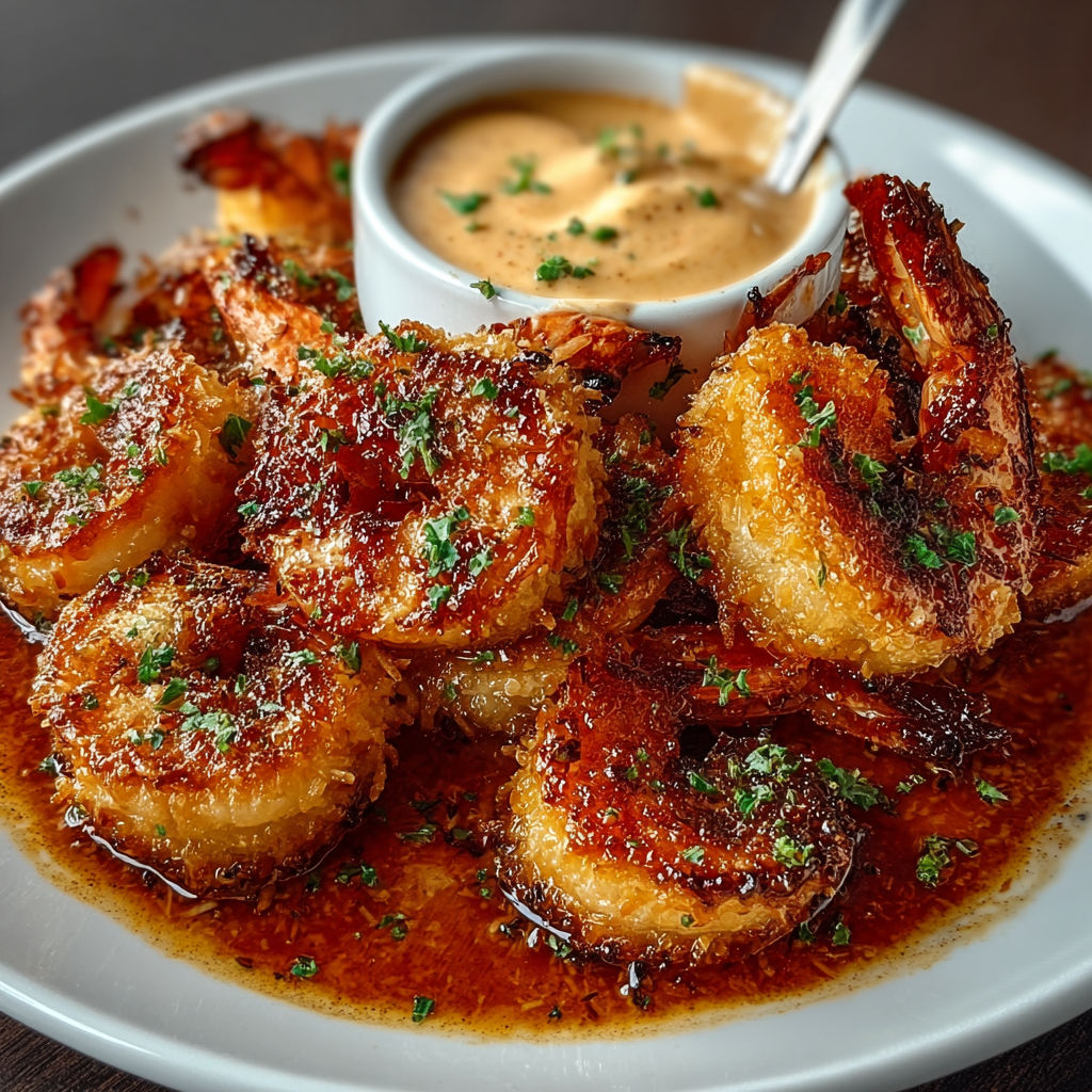 A plate of baked coconut shrimp with sweet chili mayo.
