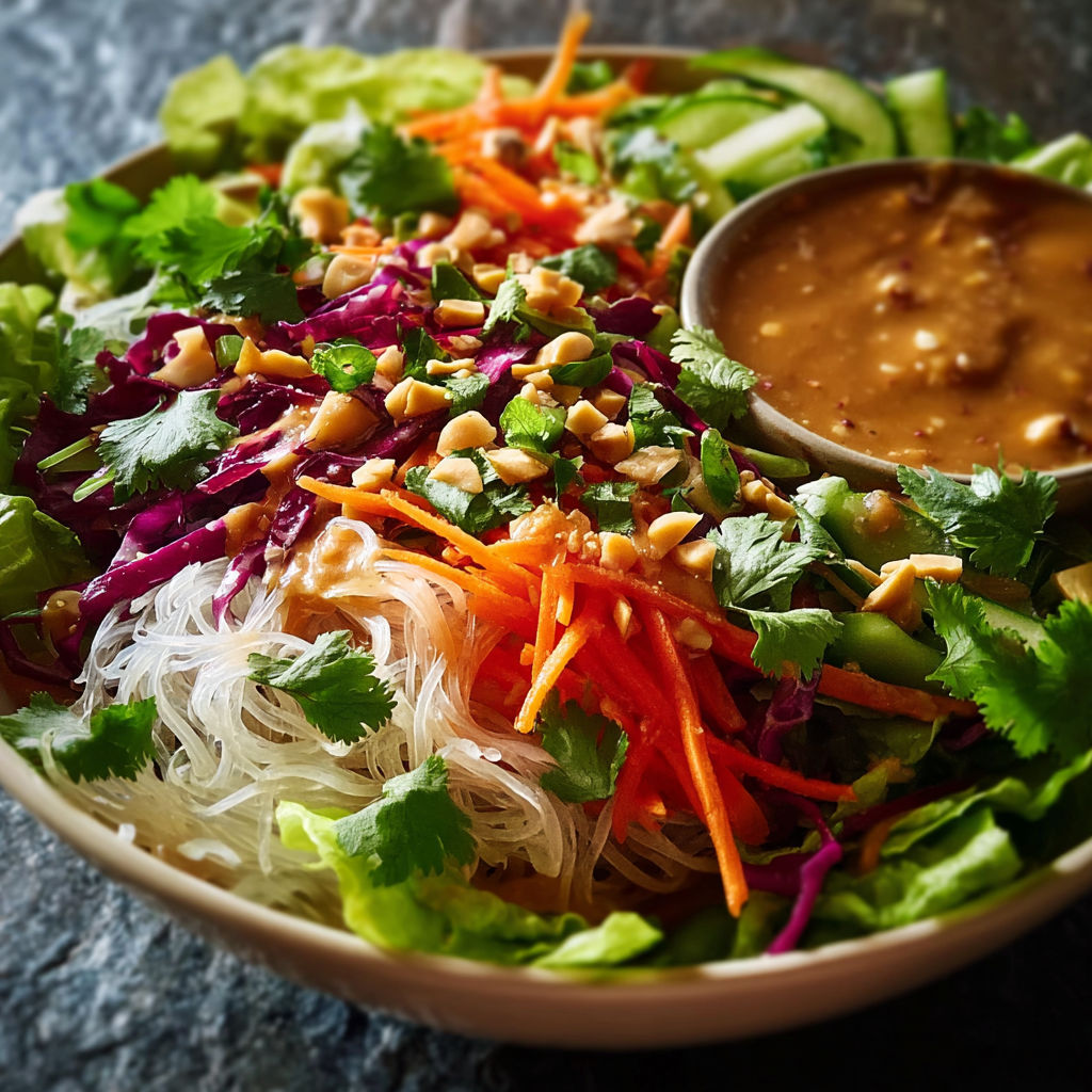 A bowl of salad with peanut dressing.