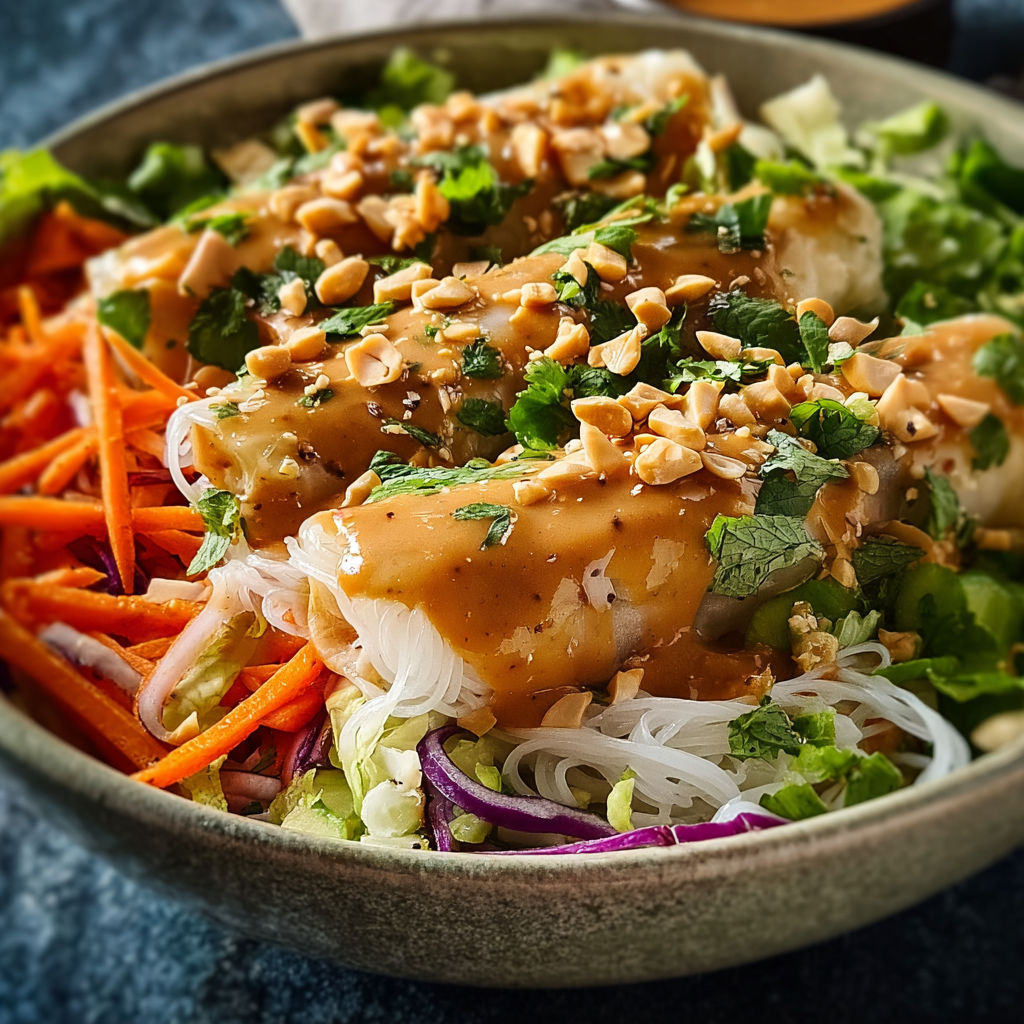 A bowl of spring roll salad with peanut dressing.