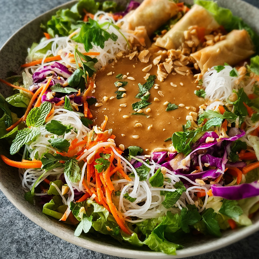A bowl of spring roll salad with peanut dressing.