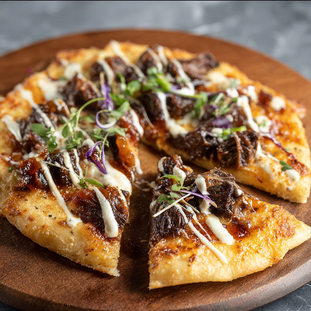 A pizza with short ribs and smoked gouda cream sauce.
