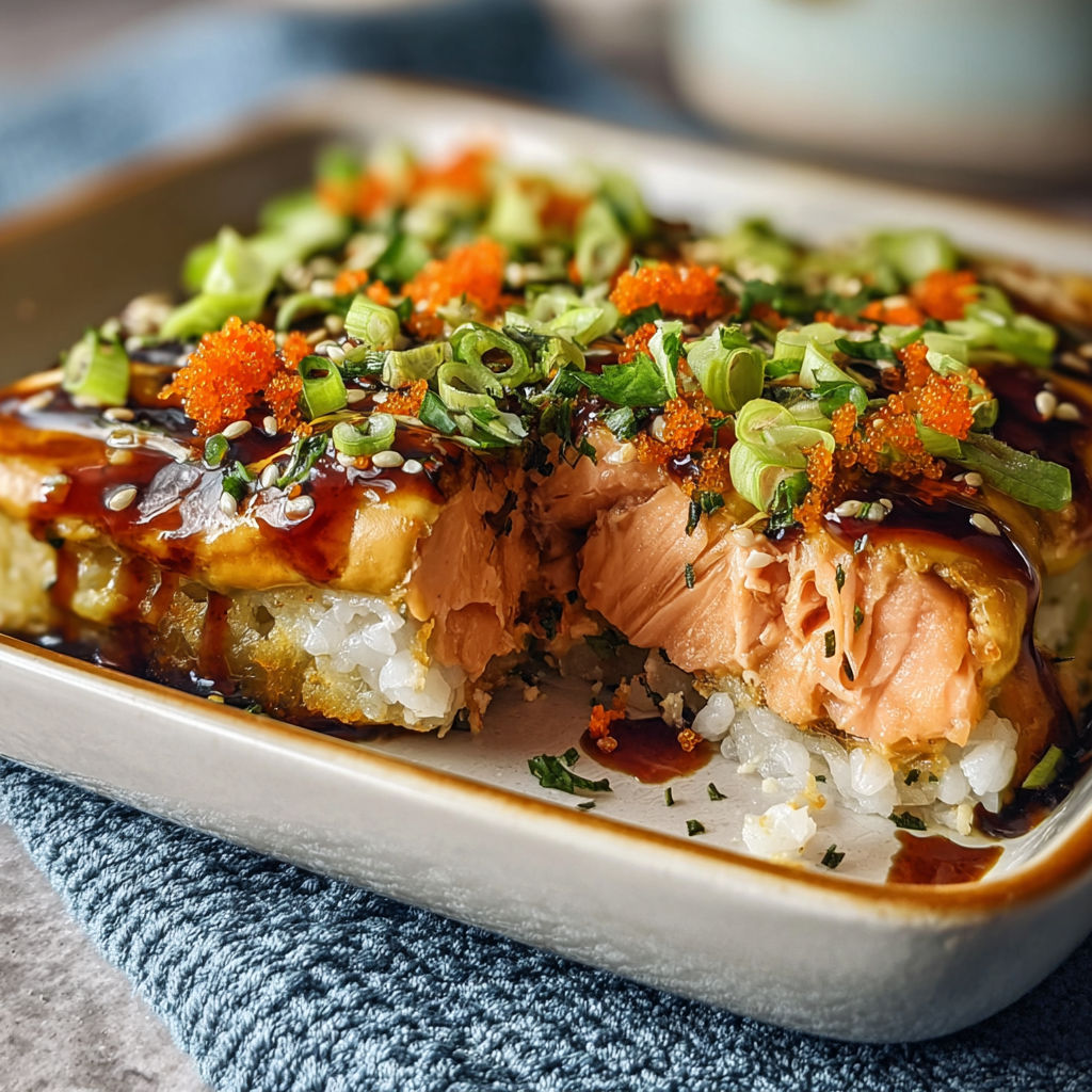 A plate of sushi with salmon and rice.