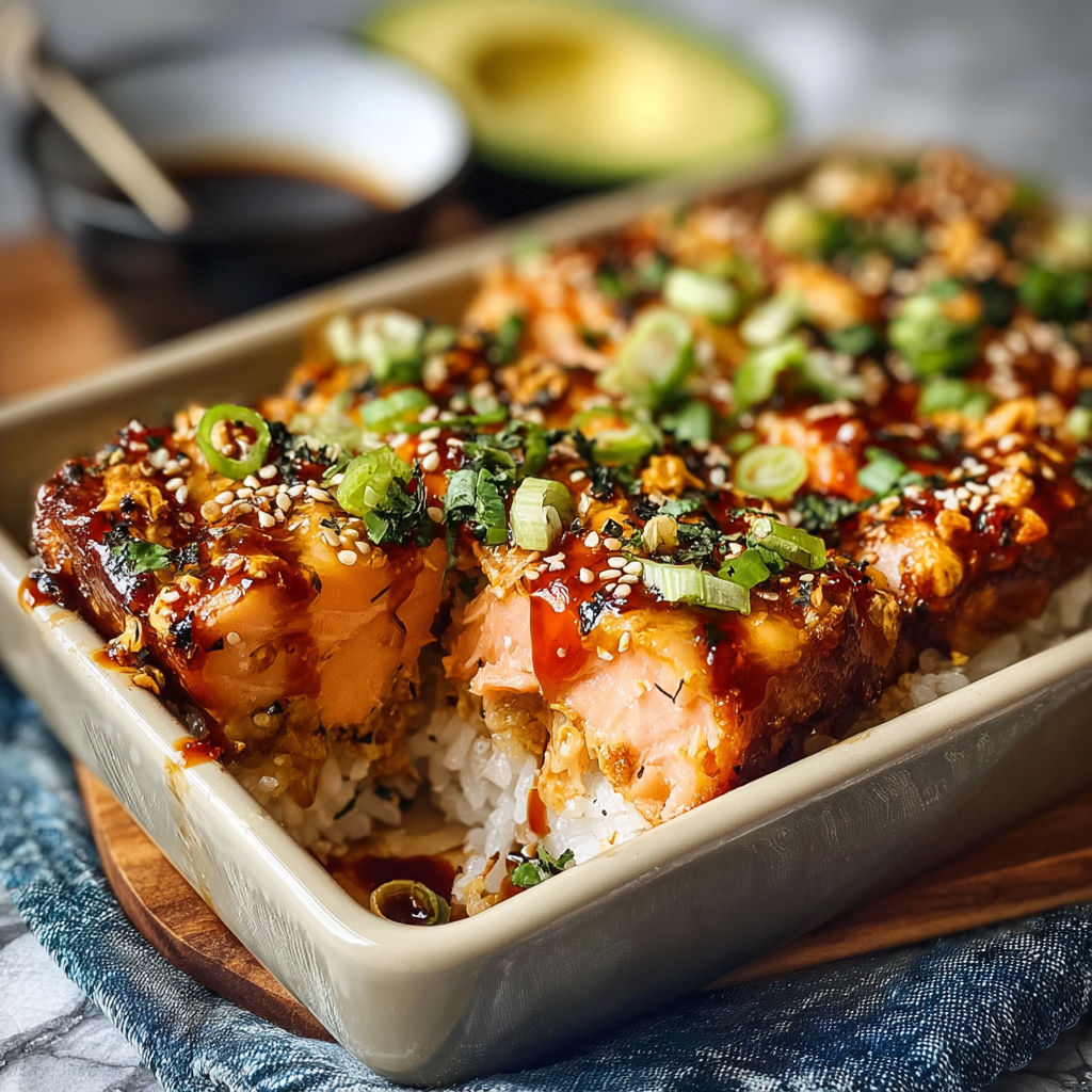 A dish of teriyaki salmon sushi bake on a wooden table.