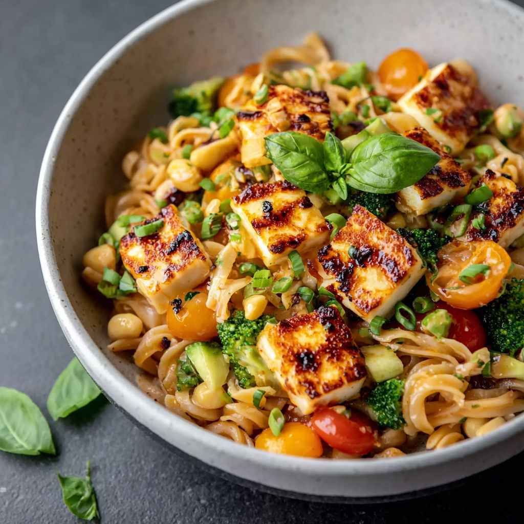 A bowl of colorful pasta salad.