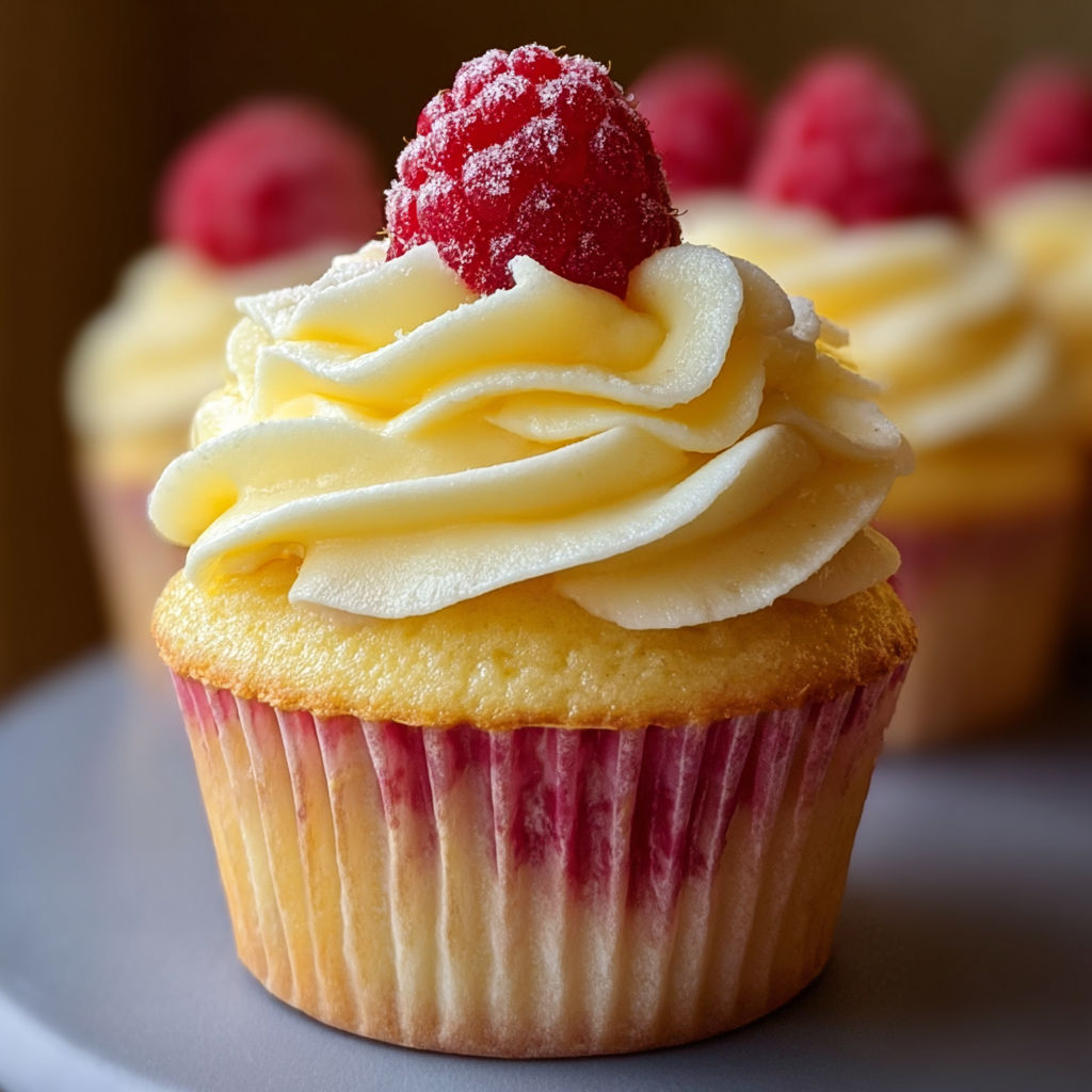 A cupcake with a raspberry on top.