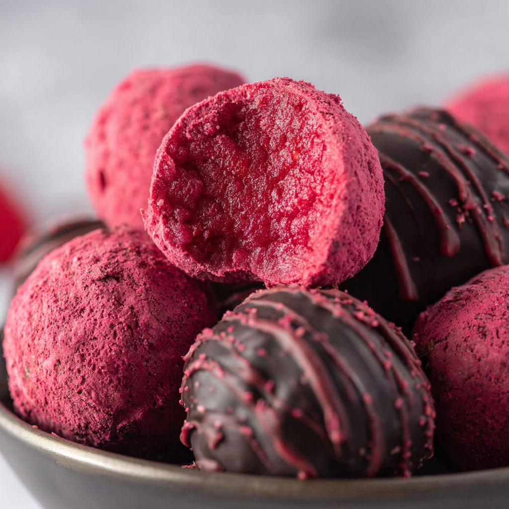 A bowl of raspberry truffles.