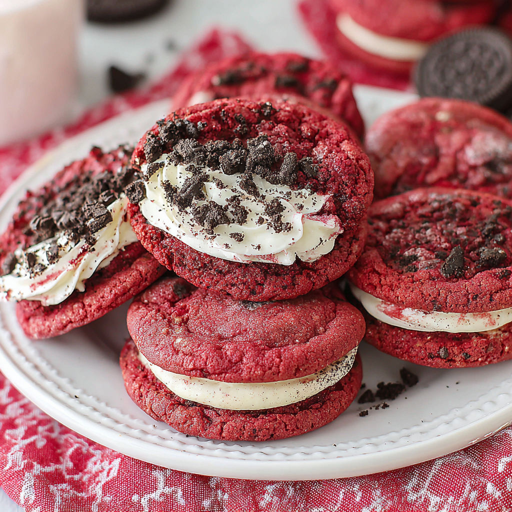 A plate of red velvet cookies with white frosting and crushed Oreo cookies.