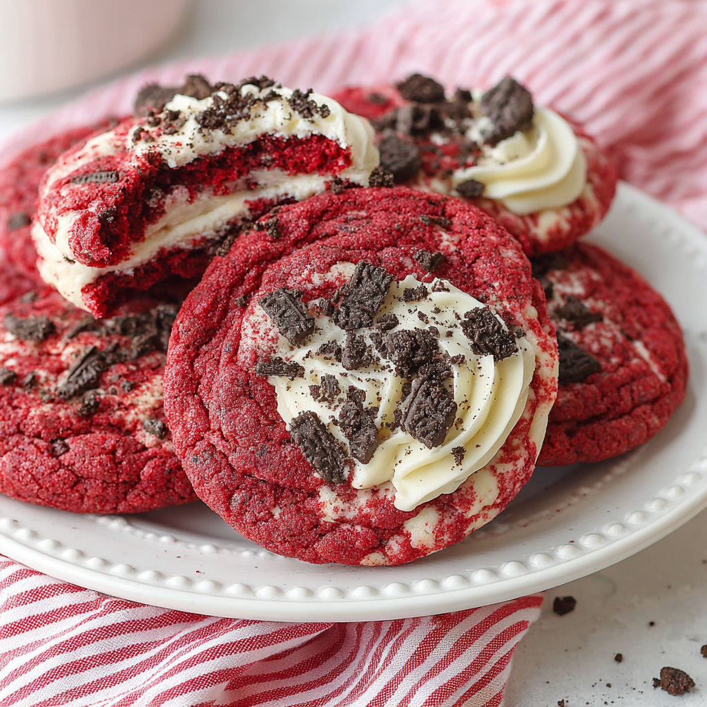 A plate with red velvet cookies with white frosting and crushed Oreo cookies.