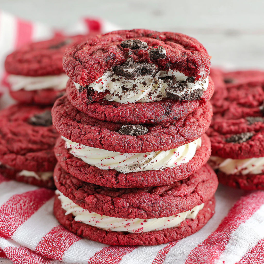 Red velvet cookies with white cream.