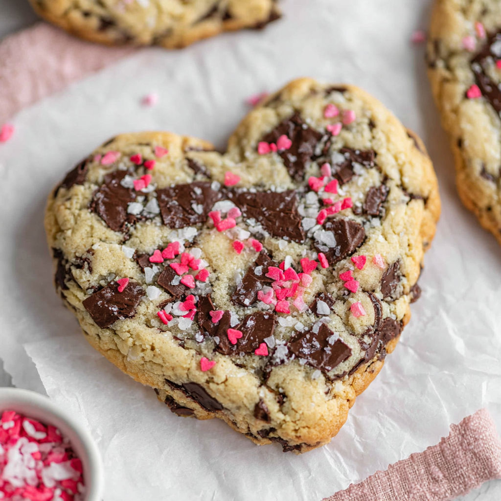A heart shaped chocolate chip cookie.