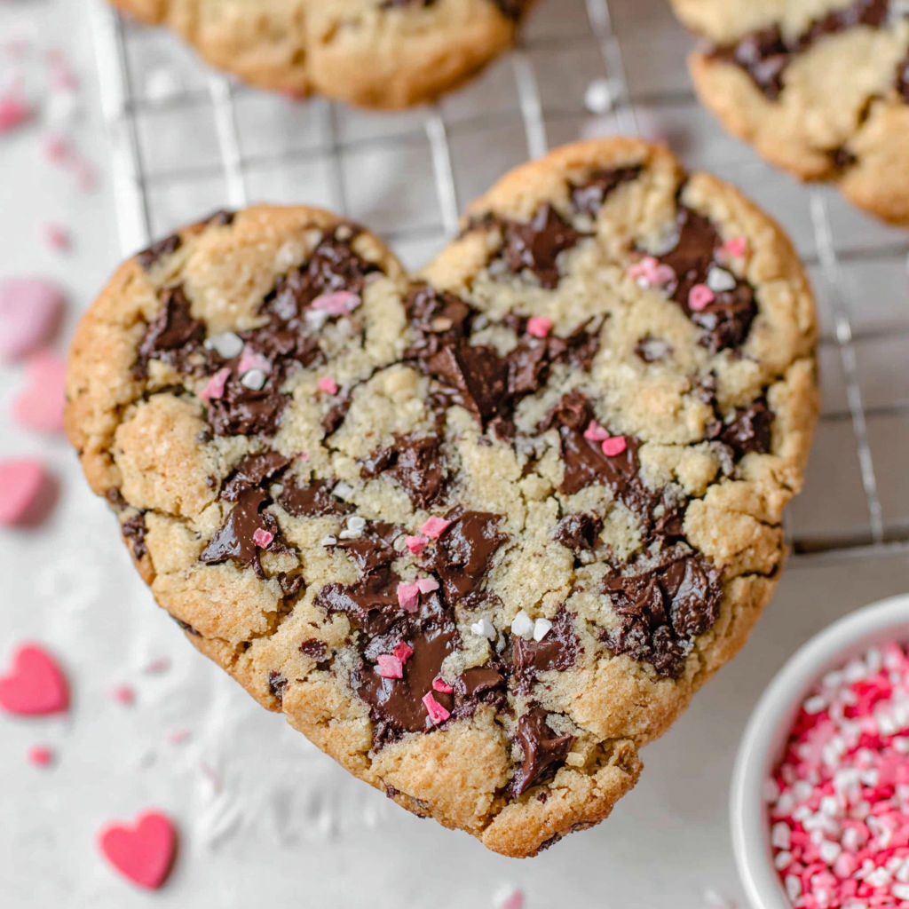 A heart shaped cookie with chocolate and pink sprinkles.