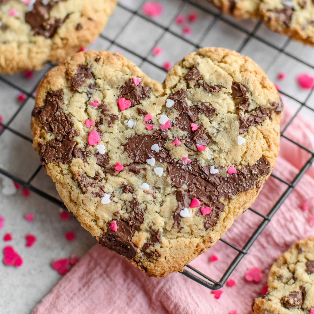 A heart shaped cookie with chocolate and pink sprinkles.