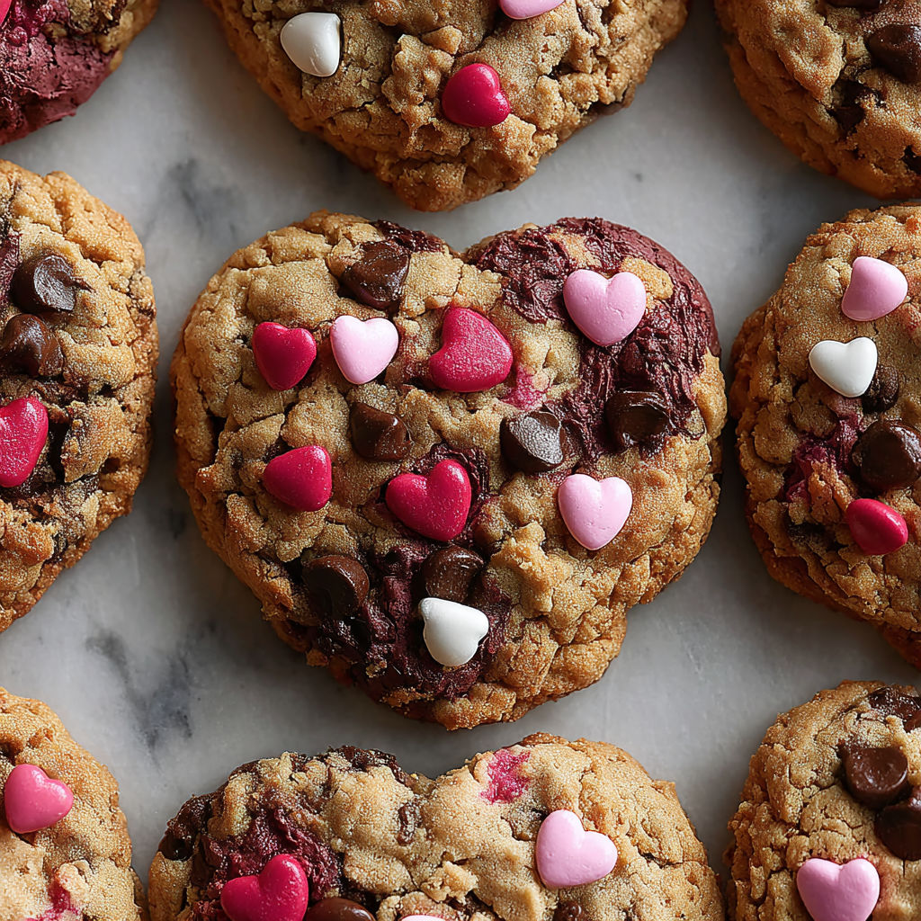 A plate of heart shaped cookies with chocolate chips.