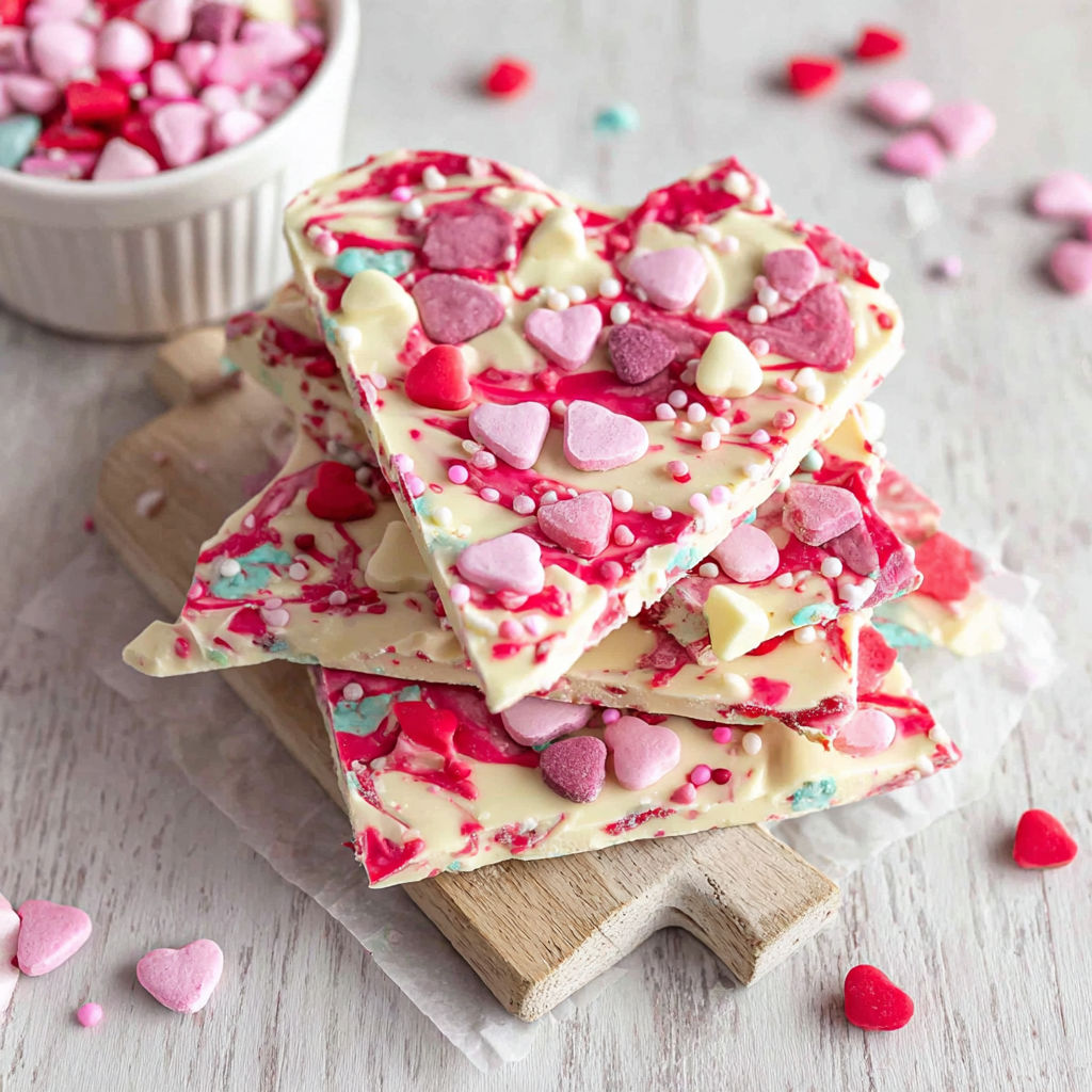 A stack of chocolate bark with hearts on top.