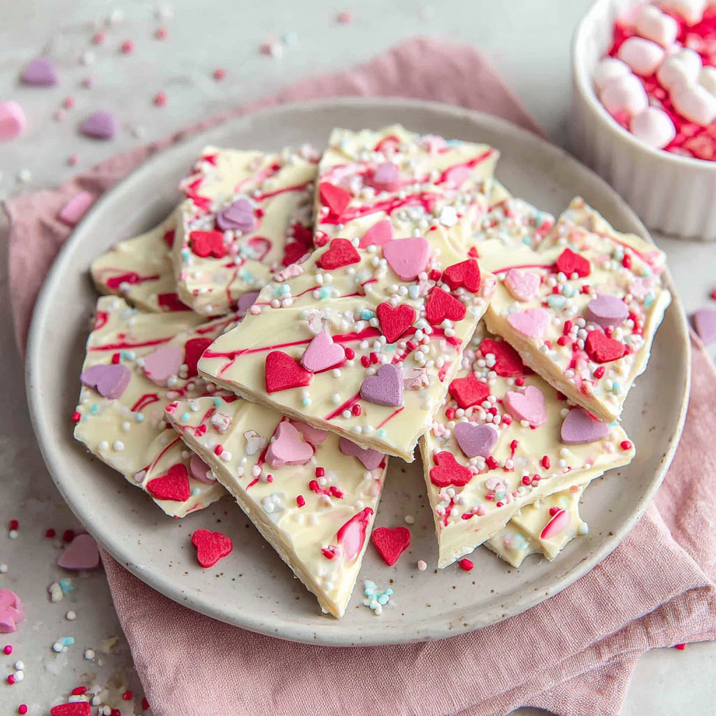 A plate of chocolate bark with hearts on it.