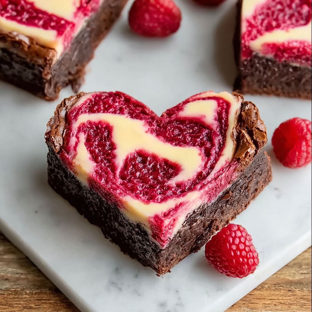 A heart shaped brownie with raspberries on top.