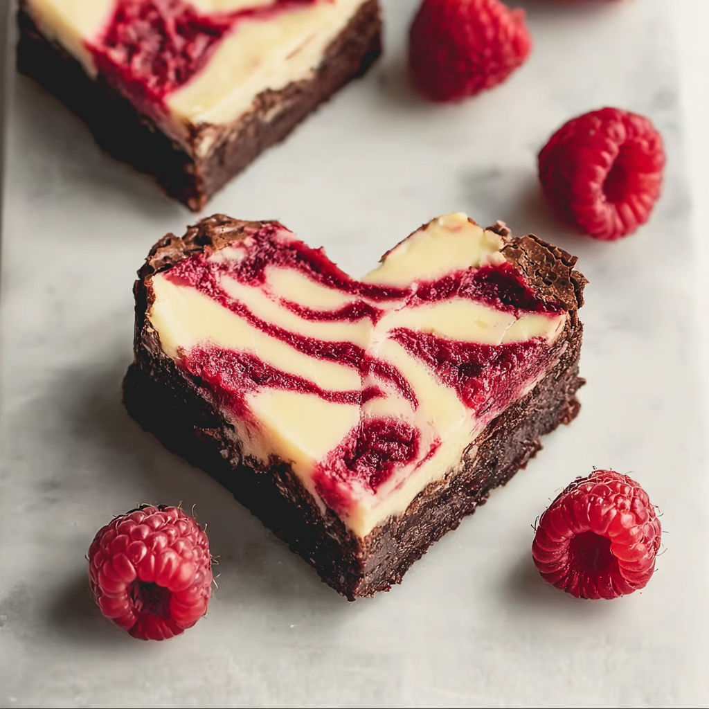A heart shaped brownie with raspberries on top.